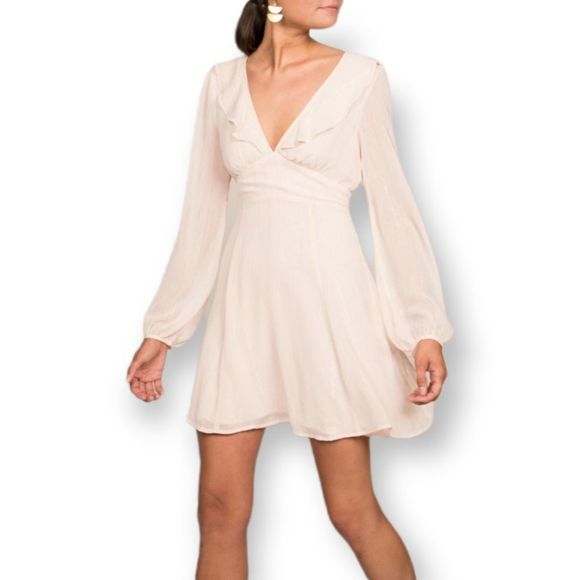 Lush Plunge Ruffle Creamy Blush Metallic Long Sleeve Mini Dress Large - Picture 1 of 13